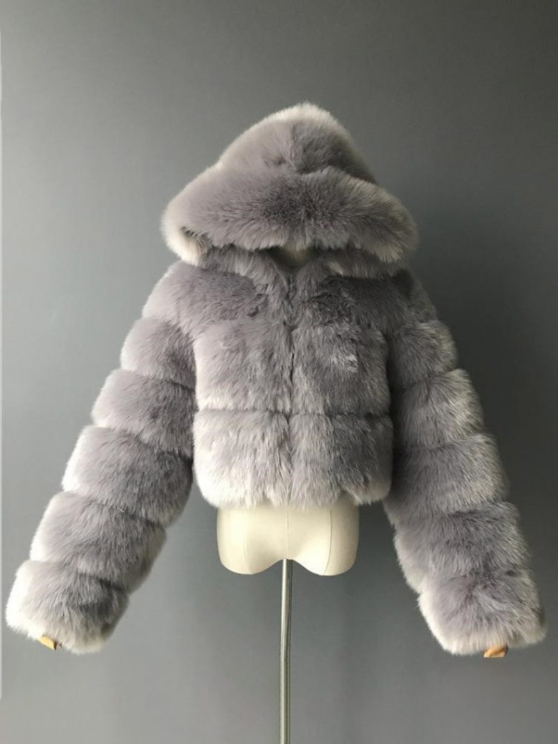 Weiße Kunstpelzmäntel Mit Kapuze Kurze Jacke Für Damen Winter-oberbekleidung - Grau