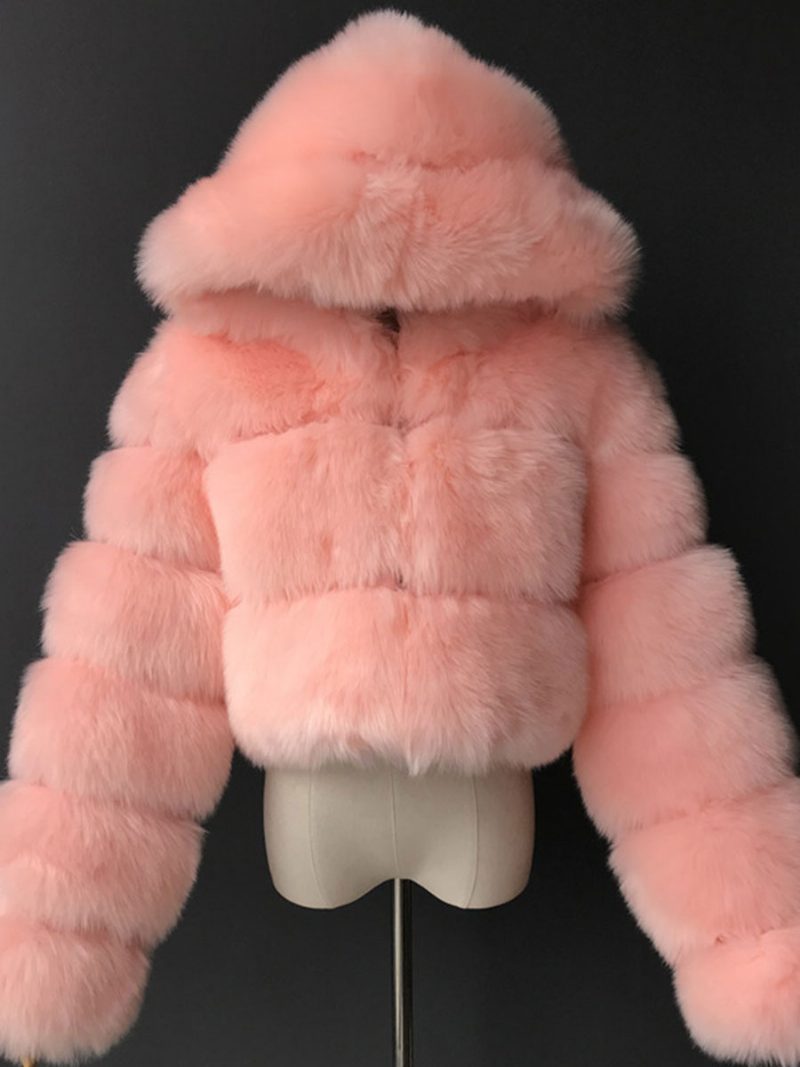 Weiße Kunstpelzmäntel Mit Kapuze Kurze Jacke Für Damen Winter-oberbekleidung - Rosa