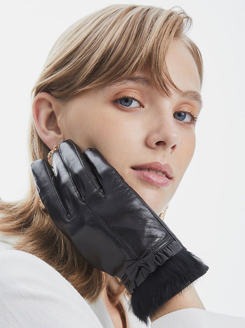 Bows Damen Warme Beheizte Winter-leder-wasserdichte Kurzhandschuhe Für - Schwarz