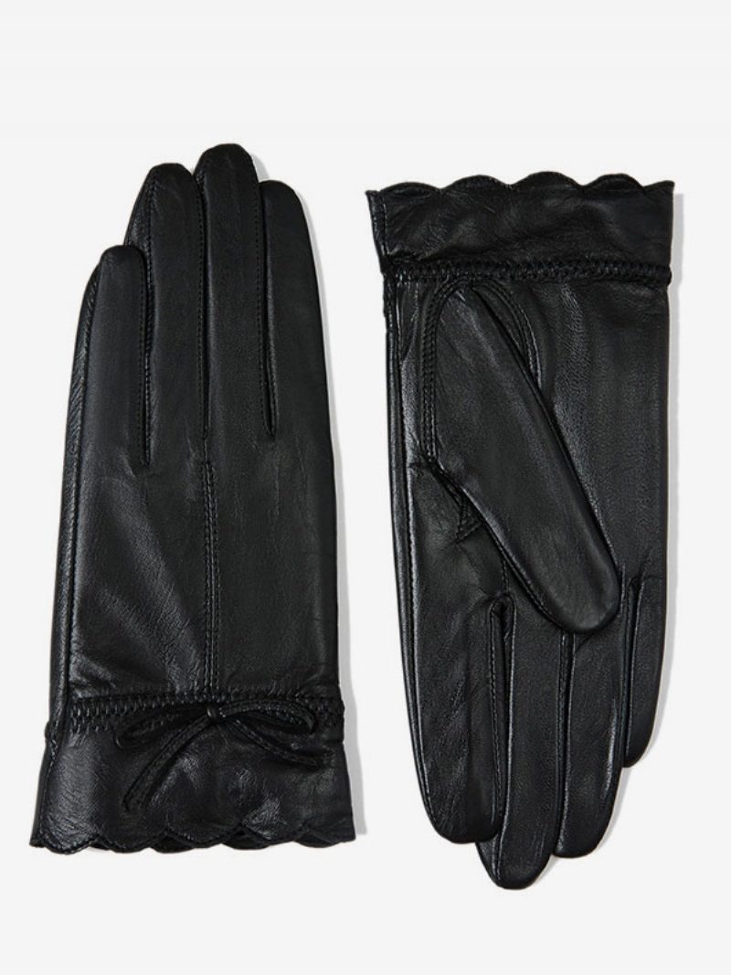 Bows Damen Warme Beheizte Winter-leder-wasserdichte Kurzhandschuhe Für - Schwarz