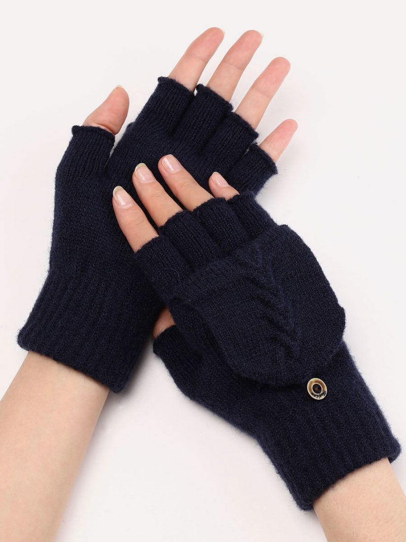 Handschuhe Für Damen Knöpfe Fingerlos Den Winter Gestrickt Warme - Tiefblau