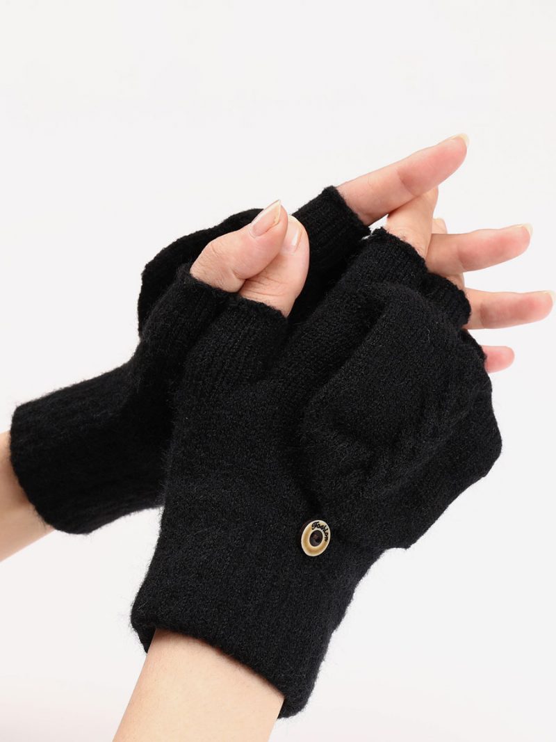 Handschuhe Für Damen Knöpfe Fingerlos Den Winter Gestrickt Warme - Schwarz