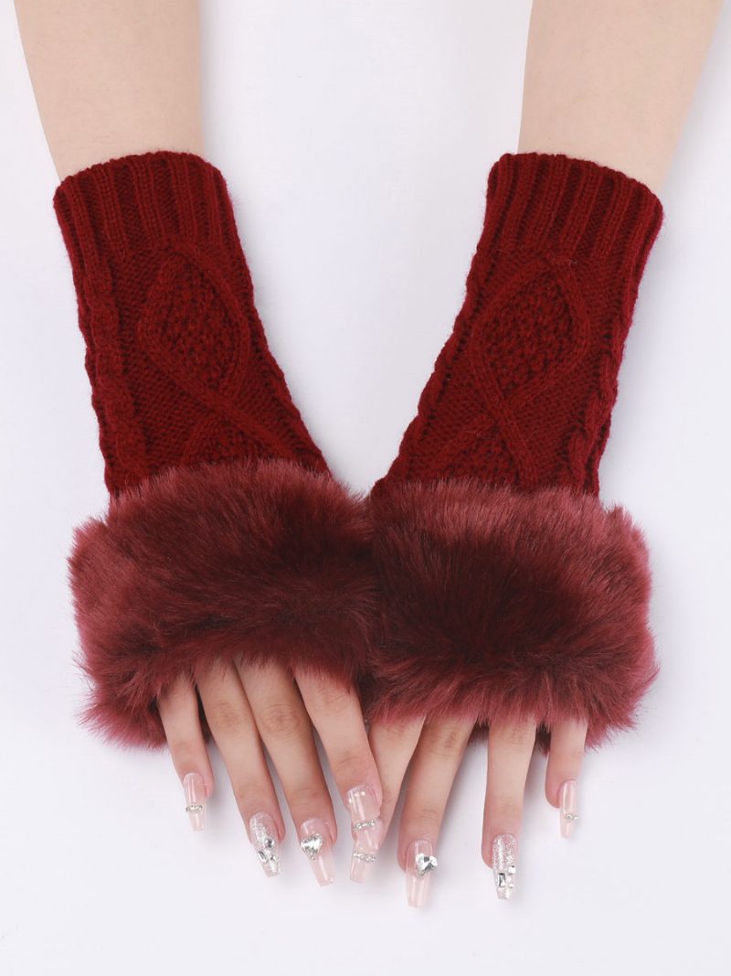 Handschuhe Für Damen Pom Poms Fingerlose Winter-warme Strickhandschuhe - Burgund