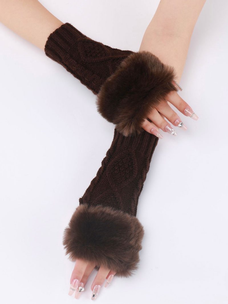 Handschuhe Für Damen Pom Poms Fingerlose Winter-warme Strickhandschuhe - Kaffeebraun