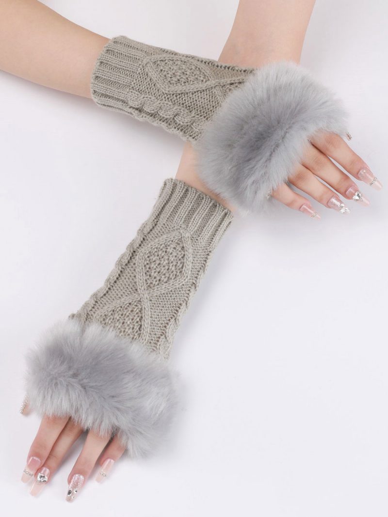 Handschuhe Für Damen Pom Poms Fingerlose Winter-warme Strickhandschuhe - Hellgrau