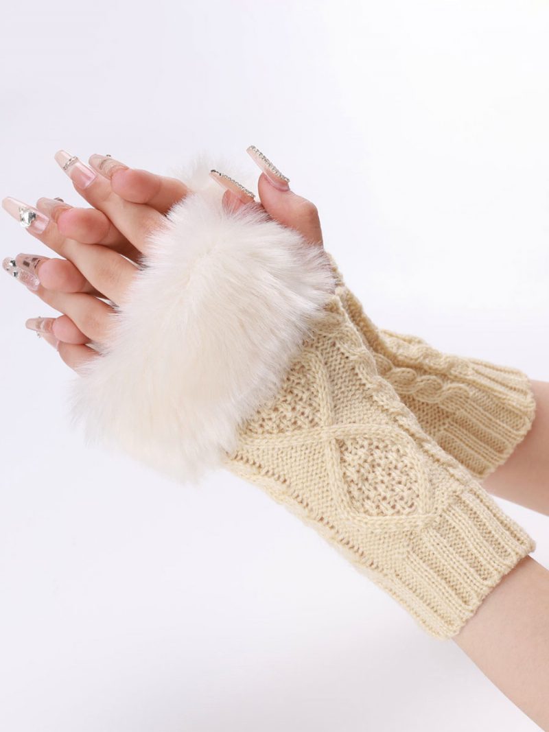 Handschuhe Für Damen Pom Poms Fingerlose Winter-warme Strickhandschuhe - Beige