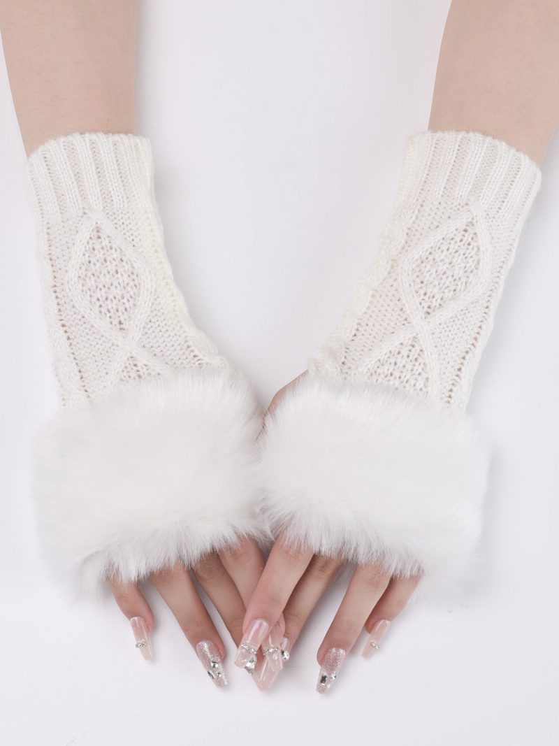 Handschuhe Für Damen Pom Poms Fingerlose Winter-warme Strickhandschuhe - Weiß