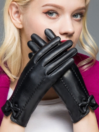 Handschuhe Für Damen Schleifen Winter Schwarze Pu-lederhandschuhe