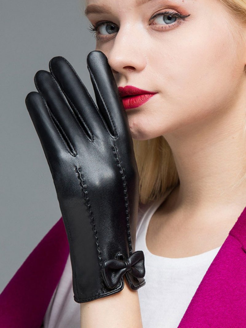 Handschuhe Für Damen Schleifen Winter Schwarze Pu-lederhandschuhe - Schwarz