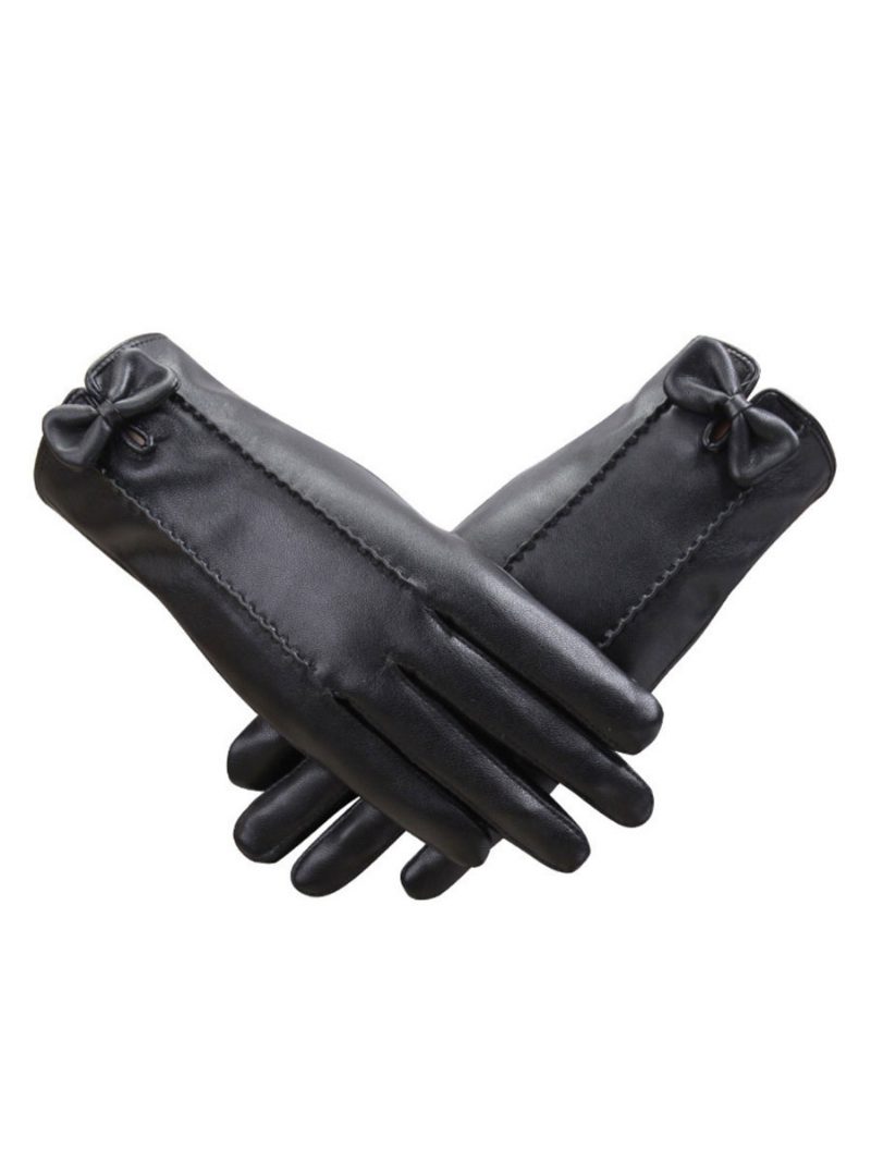 Handschuhe Für Damen Schleifen Winter Schwarze Pu-lederhandschuhe - Schwarz