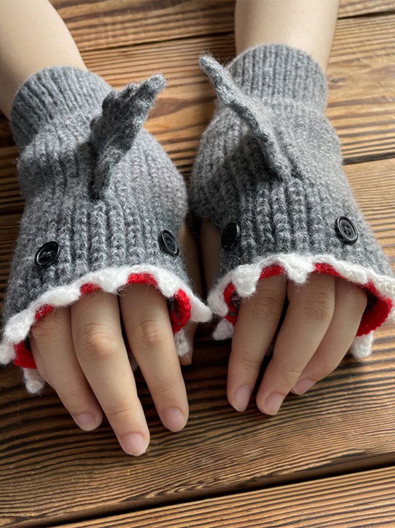 Handschuhe Für Frauen Animal Print Crochet Shark Shape Fingerless Home Wear Winter Warm Cute Acc - Grau