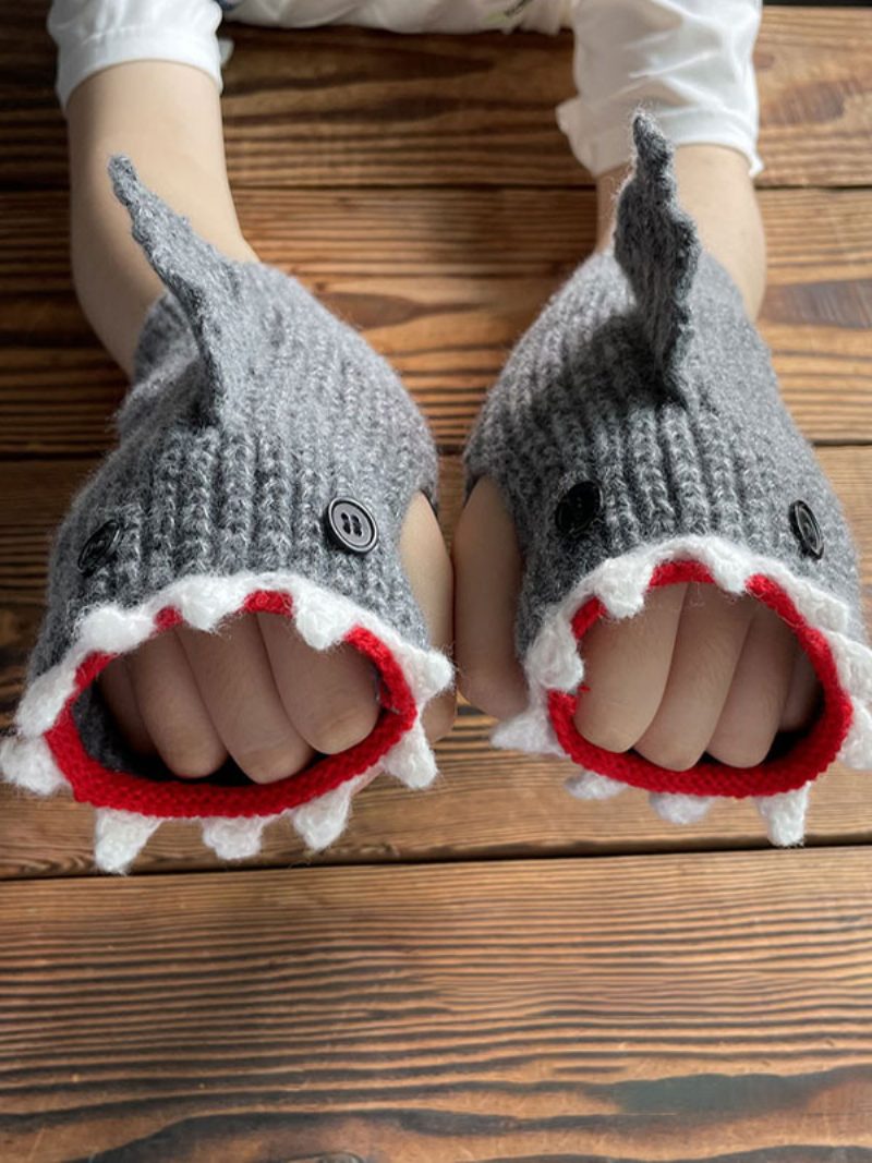 Handschuhe Für Frauen Animal Print Crochet Shark Shape Fingerless Home Wear Winter Warm Cute Acc - Grau