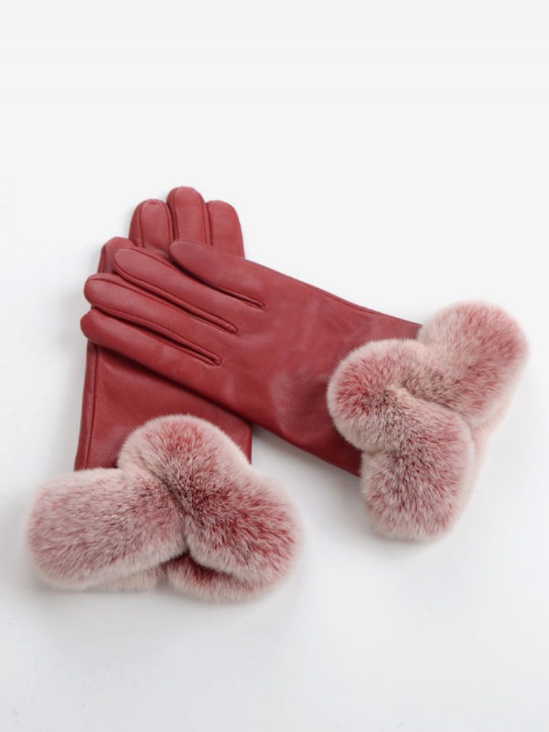 Kurze Damen-handschuhe Mit Kunstfell-dekor Warm Beheizt Für Den Winter Pu-leder Wasserdicht Kurz - Rot