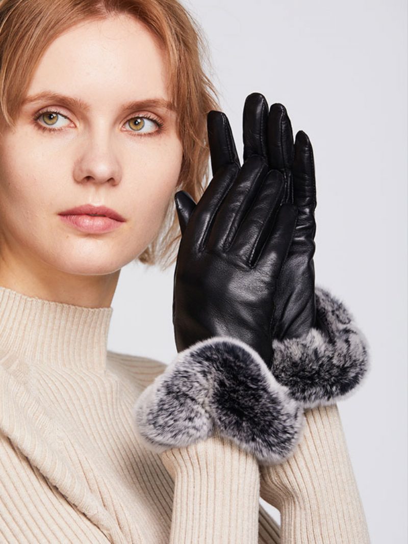 Kurze Damen-handschuhe Mit Kunstfell-dekor Warm Beheizt Für Den Winter Pu-leder Wasserdicht Kurz - Schwarz