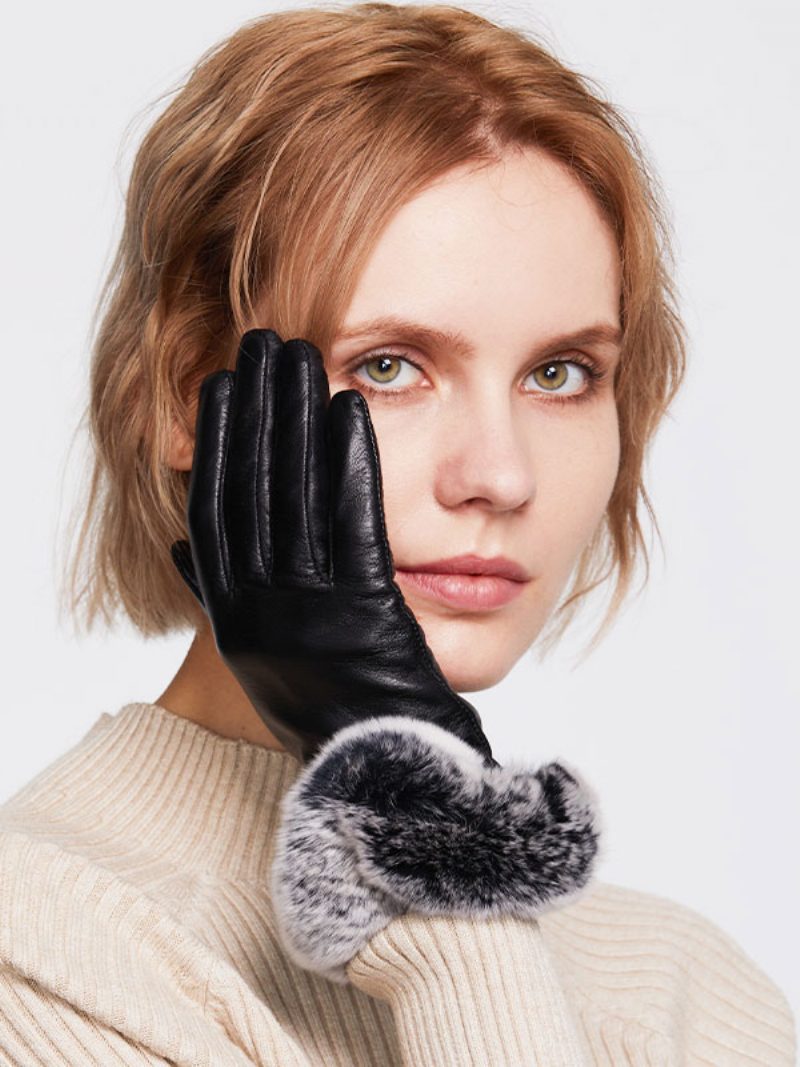 Kurze Damen-handschuhe Mit Kunstfell-dekor Warm Beheizt Für Den Winter Pu-leder Wasserdicht Kurz - Schwarz