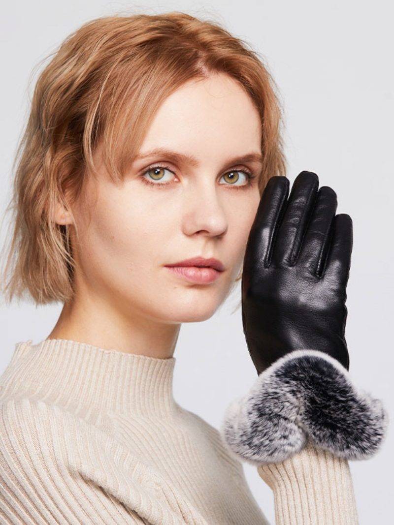 Kurze Damen-handschuhe Mit Kunstfell-dekor Warm Beheizt Für Den Winter Pu-leder Wasserdicht Kurz - Schwarz