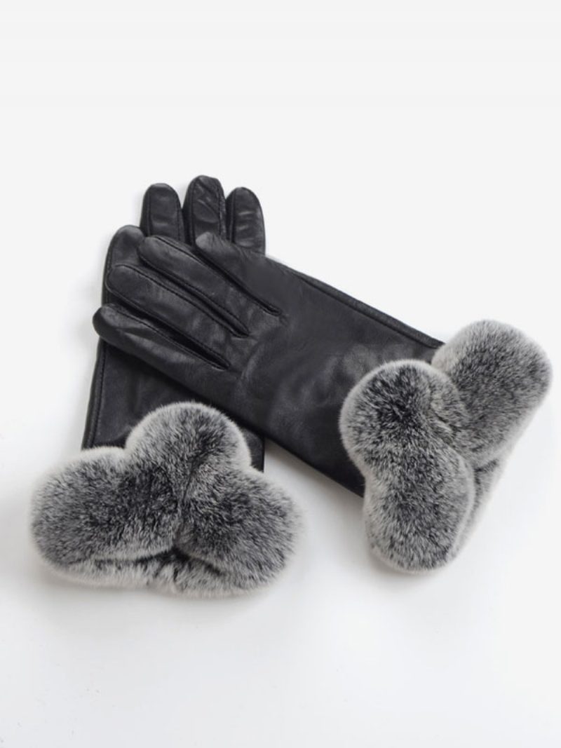 Kurze Damen-handschuhe Mit Kunstfell-dekor Warm Beheizt Für Den Winter Pu-leder Wasserdicht Kurz - Schwarz