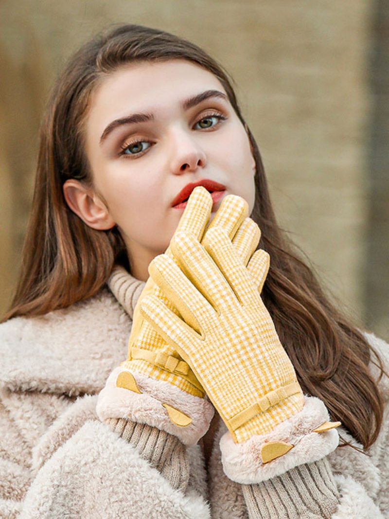 Plaid Bows Kurze Damen Warme Beheizte Winter-kurzhandschuhe Für Frauen - Gelb