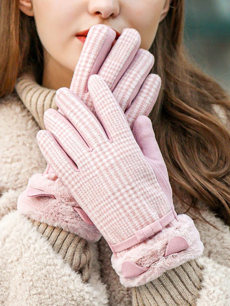 Plaid Bows Kurze Damen Warme Beheizte Winter-kurzhandschuhe Für Frauen - Rosa