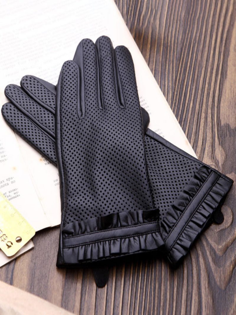 Rüschen Damen Winter Pu Leder Wasserdichte Kurze Handschuhe Für Herbst - Schwarz