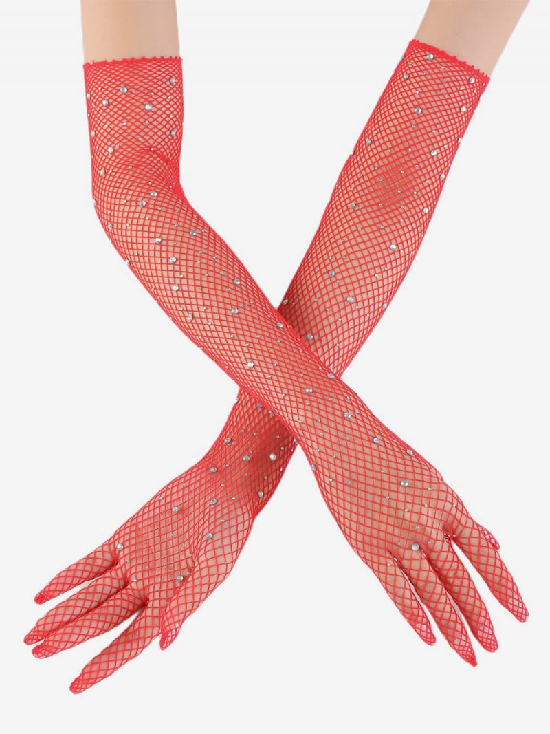 Strass Mesh Arm Ärmel Bling Fishnet Lange Handschuhe Für Frauen - Rot