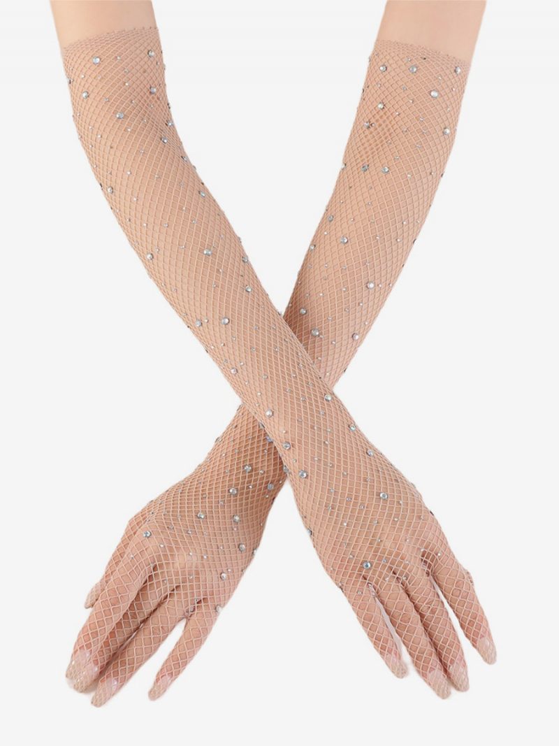 Strass Mesh Arm Ärmel Bling Fishnet Lange Handschuhe Für Frauen - Beige