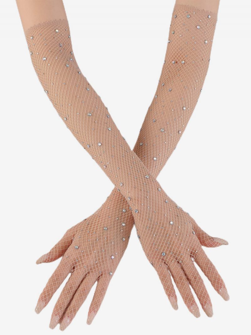 Strass Mesh Arm Ärmel Bling Fishnet Lange Handschuhe Für Frauen - Beige