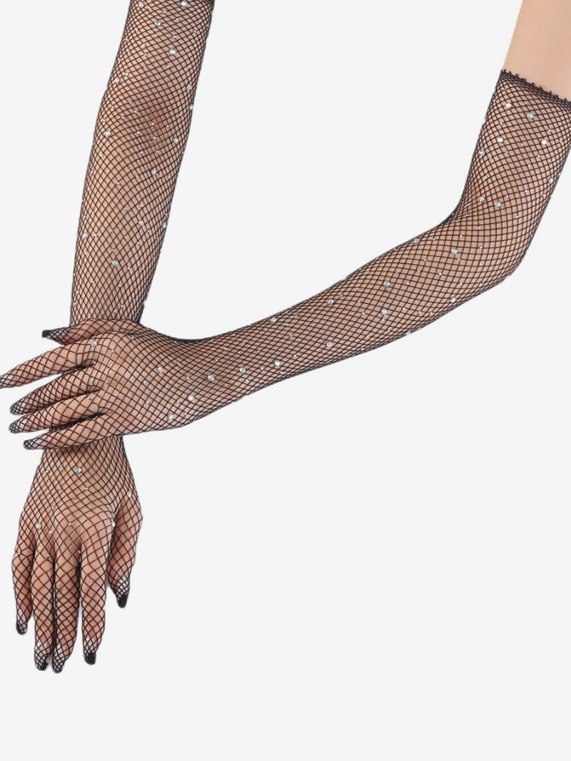 Strass Mesh Arm Ärmel Bling Fishnet Lange Handschuhe Für Frauen - Schwarz