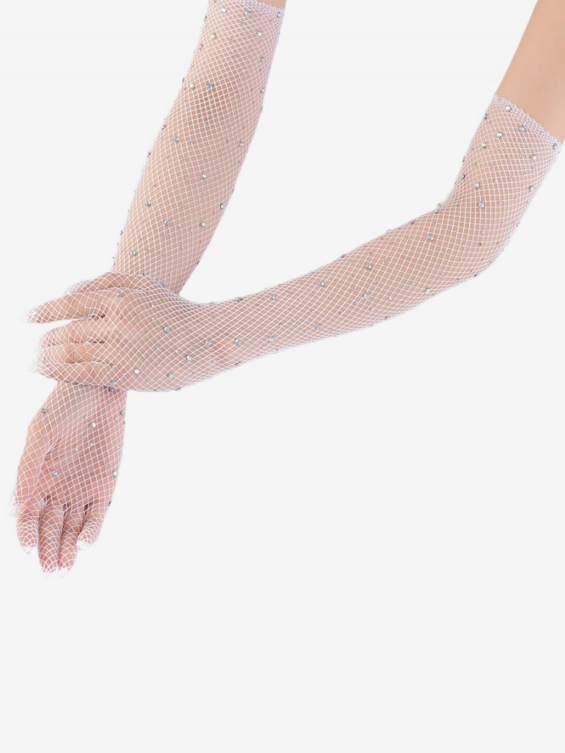 Strass Mesh Arm Ärmel Bling Fishnet Lange Handschuhe Für Frauen - Weiß