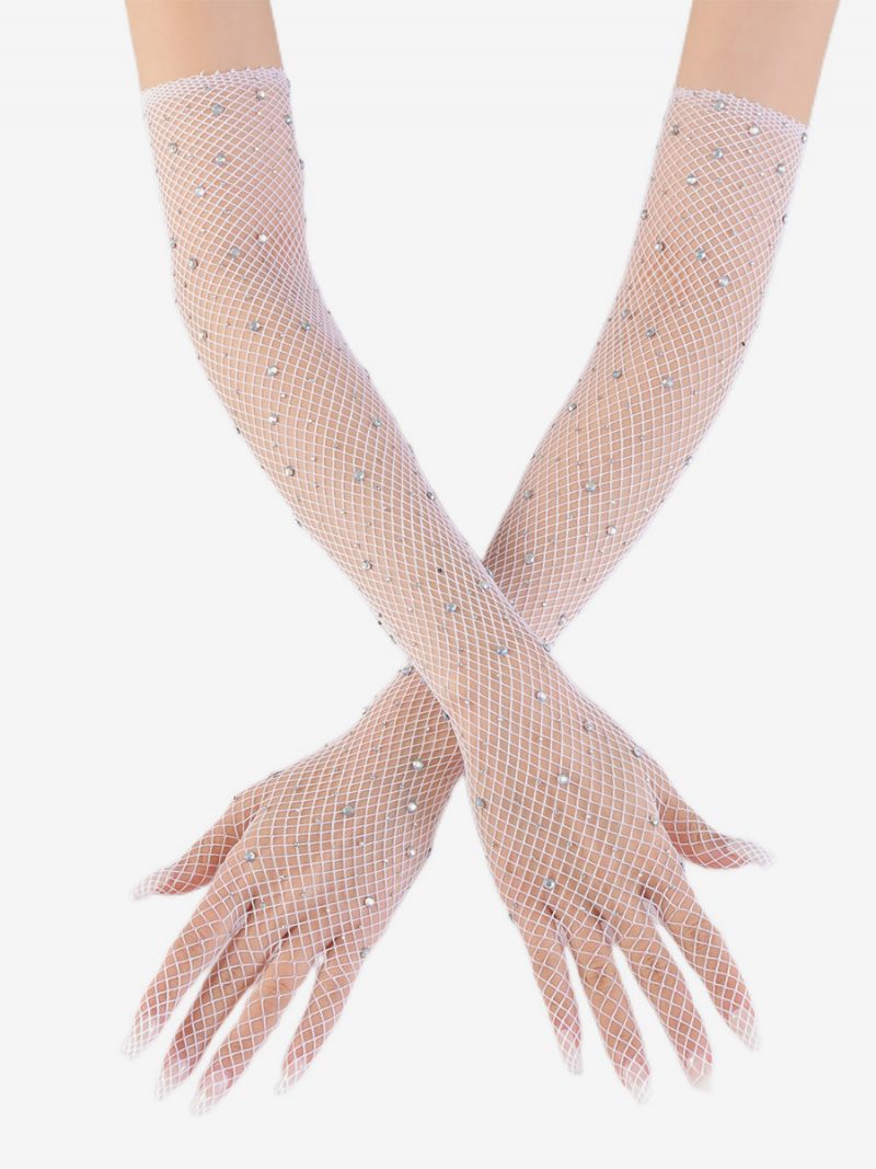 Strass Mesh Arm Ärmel Bling Fishnet Lange Handschuhe Für Frauen - Weiß