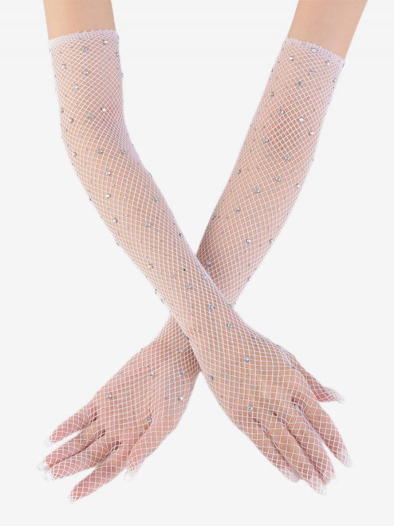 Strass Mesh Arm Ärmel Bling Fishnet Lange Handschuhe Für Frauen - Weiß