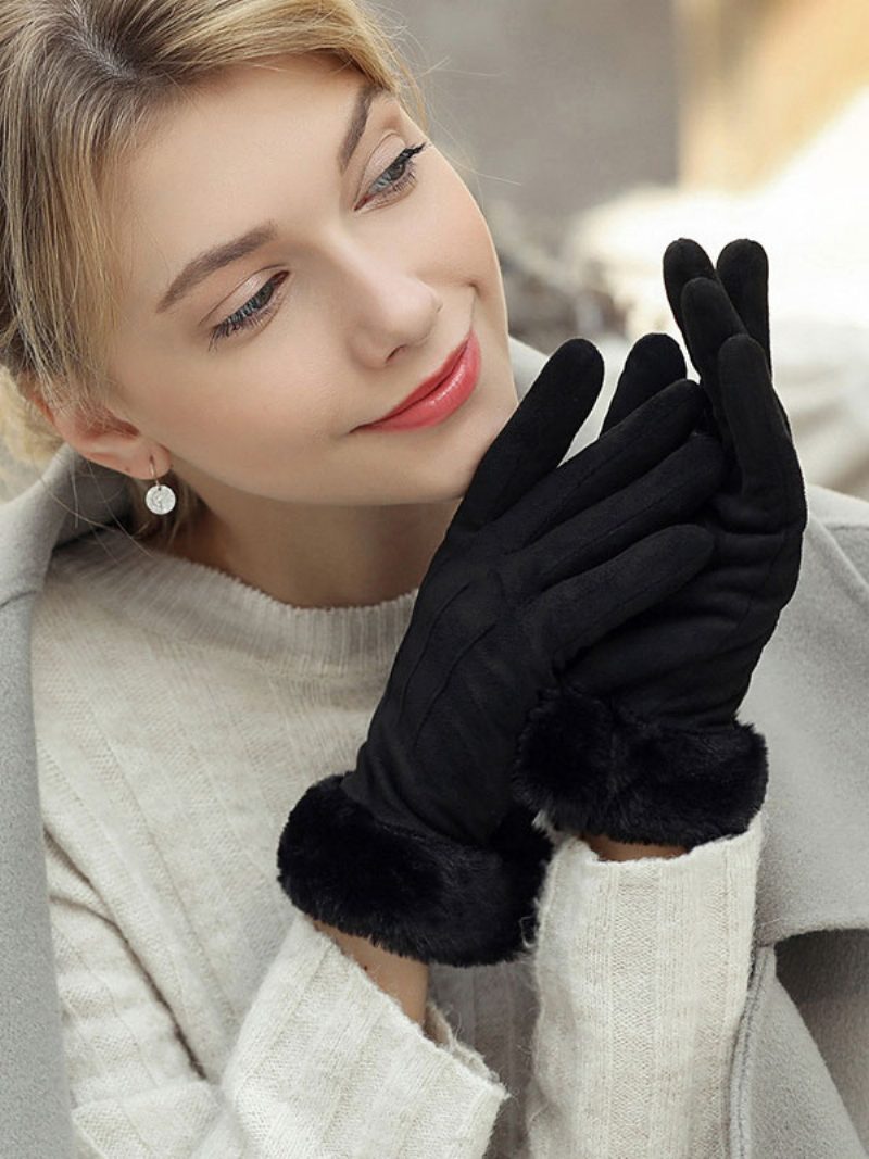 Warme Beheizte Winterhandschuhe Für Damen Aus Kunstfell - Schwarz