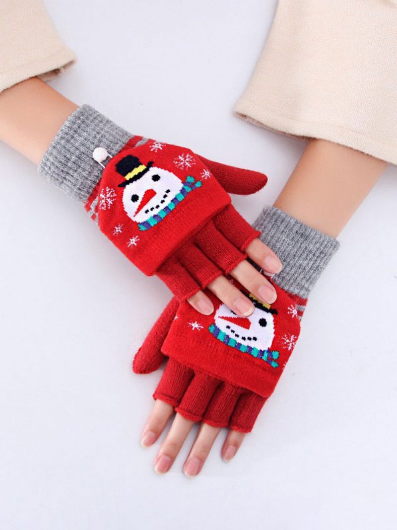 Weihnachtsdekor Bedruckte Kurze Damen Warme Beheizte Winter Fingerlose Handschuhe Für Frauen - Rot