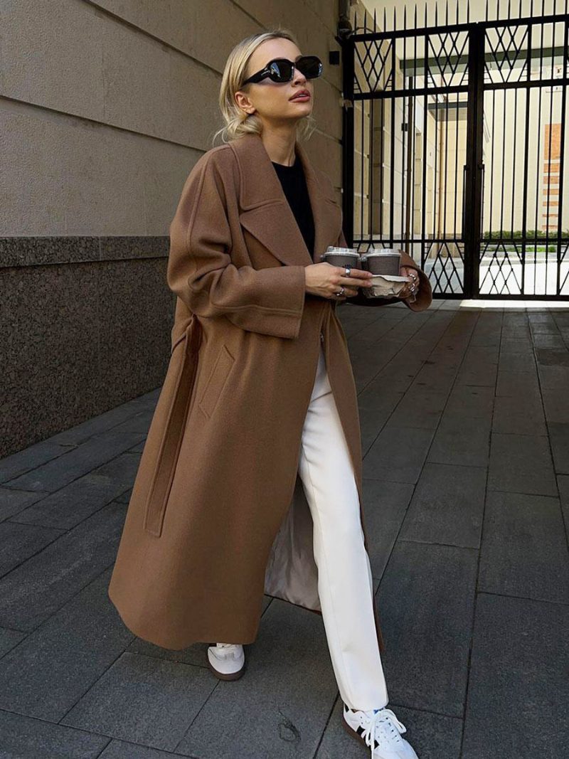 Wickel-trenchcoat Für Damen Mit Langem Revers Und Schrägen Taschen Klassische Winter-oberbekleidung - Kaffeebraun