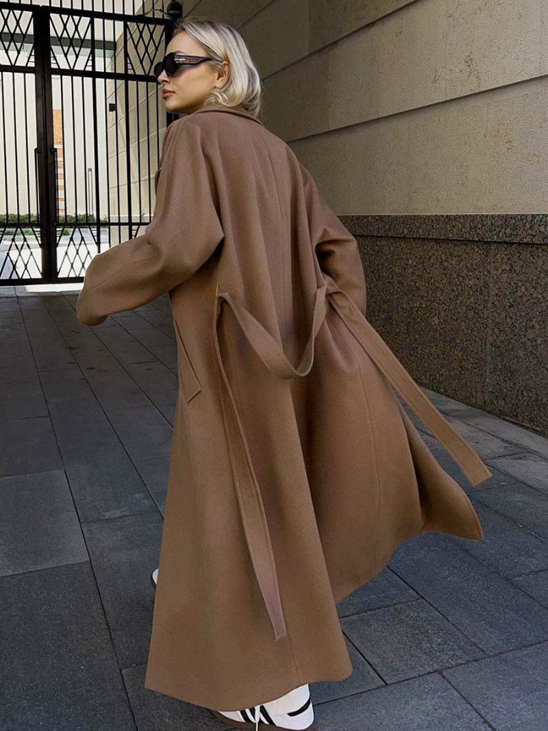 Wickel-trenchcoat Für Damen Mit Langem Revers Und Schrägen Taschen Klassische Winter-oberbekleidung - Kaffeebraun