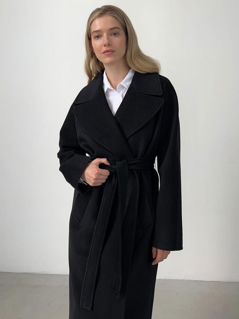 Wickel-trenchcoat Für Damen Mit Langem Revers Und Schrägen Taschen Klassische Winter-oberbekleidung - Schwarz