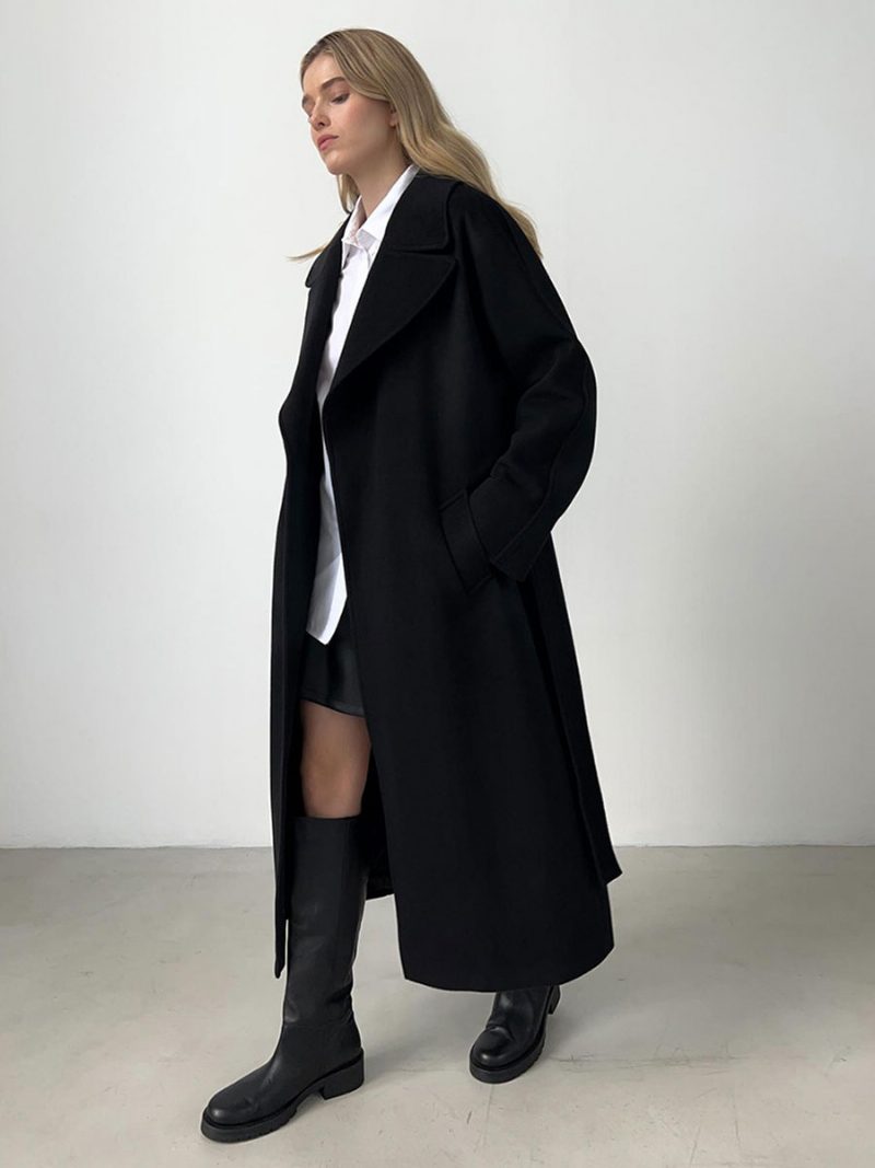 Wickel-trenchcoat Für Damen Mit Langem Revers Und Schrägen Taschen Klassische Winter-oberbekleidung - Schwarz