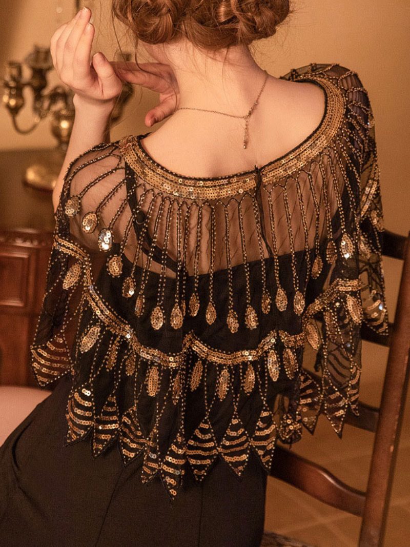 1920er-jahre-damen-poncho Mit V-ausschnitt Und Transparenten Pailletten - Schwarzes Gold