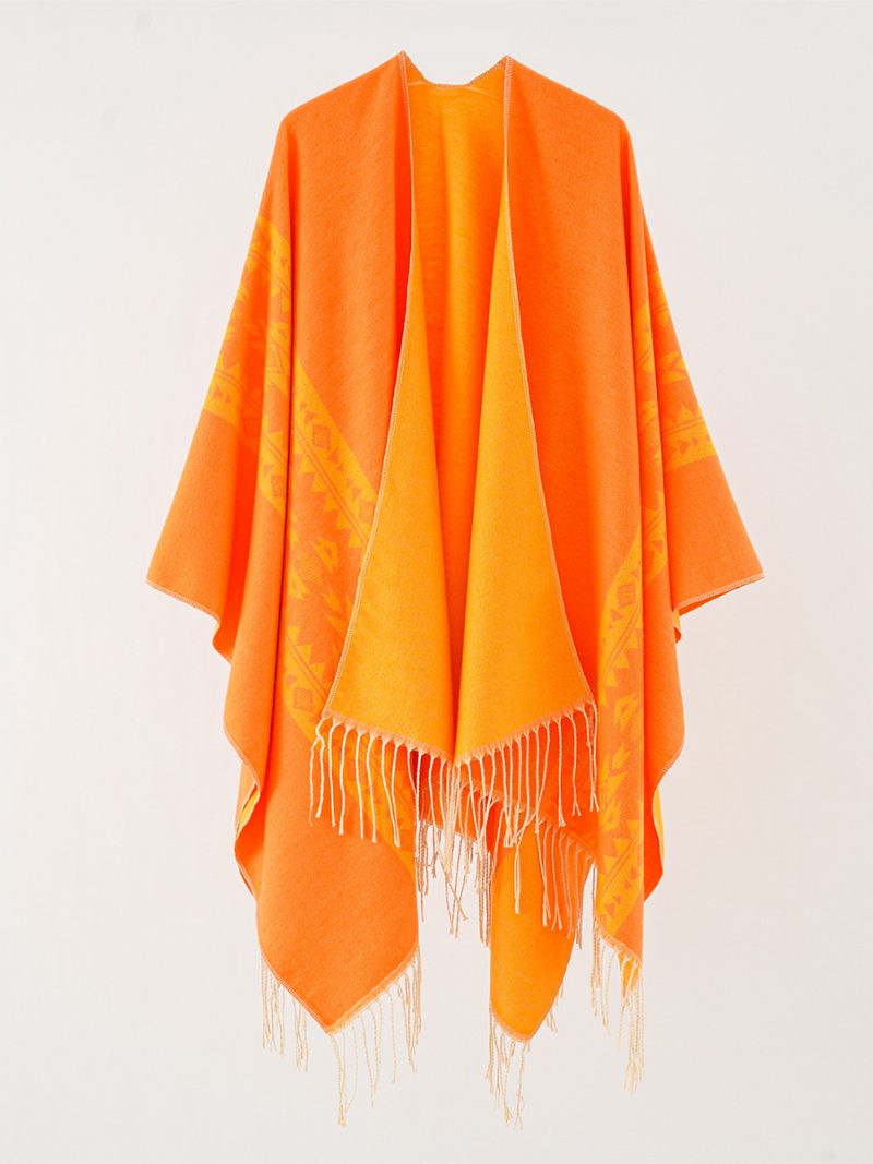 Bedruckter Poncho Für Damen Täglicher Freizeitumhang Mit Fransen - Orange