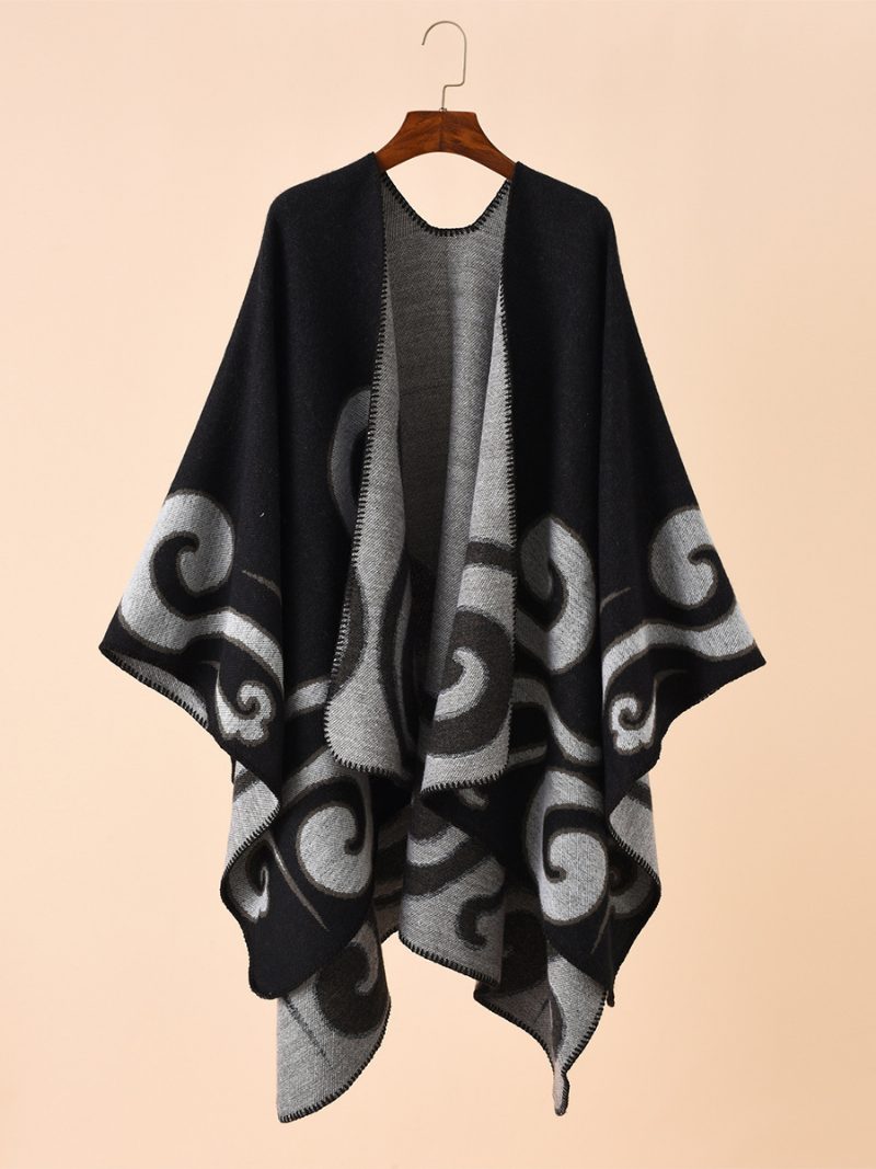 Bedruckter Poncho Für Damen Täglicher Lässiger Schicker Umhang - Schwarz