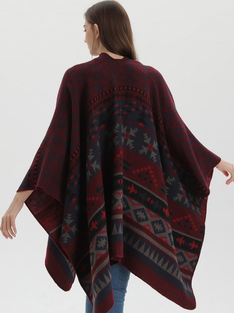 Böhmischer Damen-umhang Geometrisch Übergroß Herbst-winter-poncho - Burgund