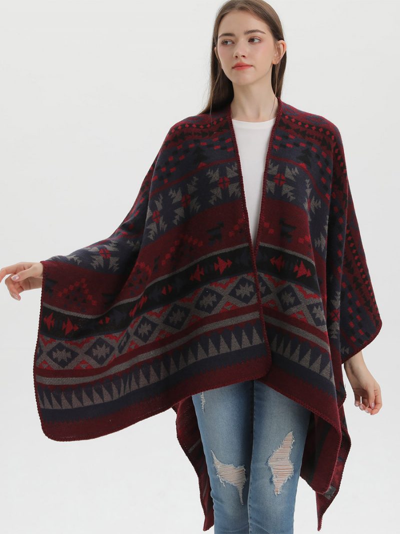 Böhmischer Damen-umhang Geometrisch Übergroß Herbst-winter-poncho - Burgund