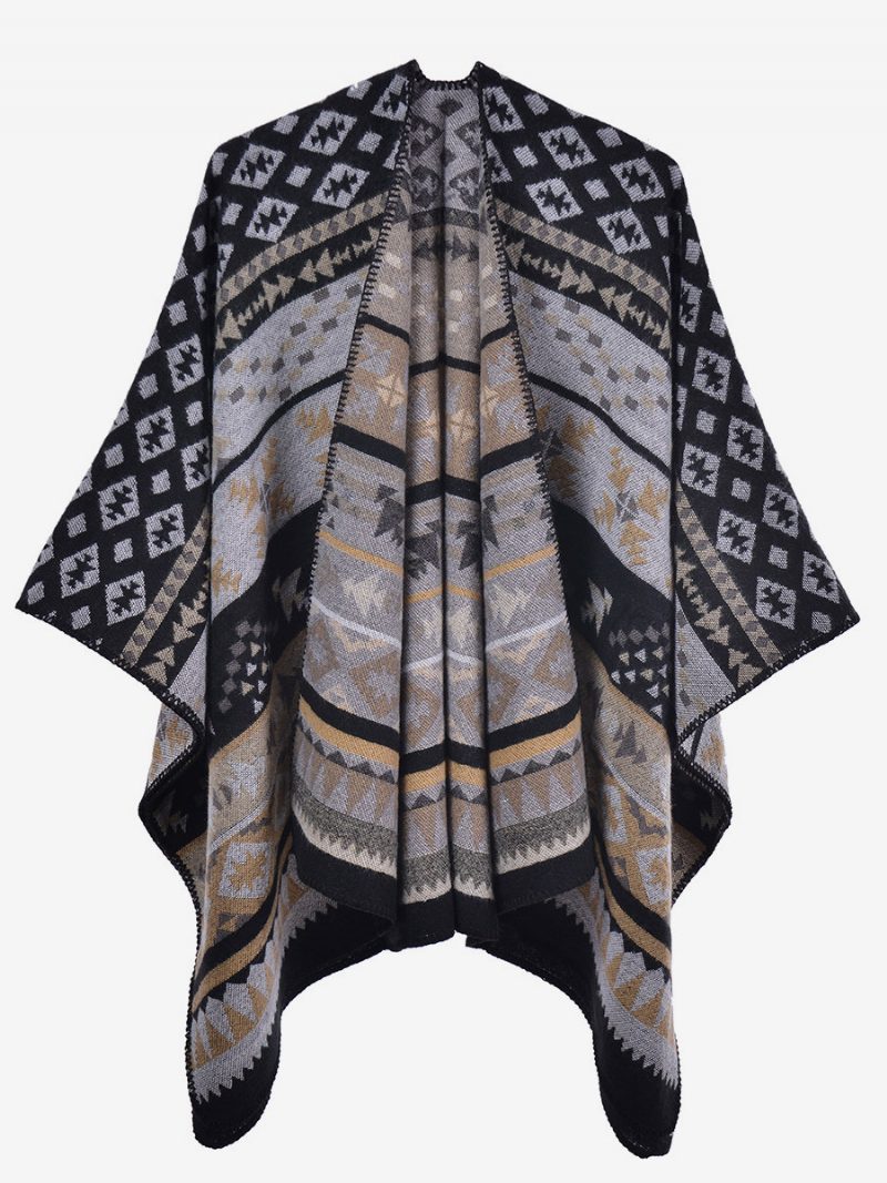 Böhmischer Damen-umhang Geometrisch Übergroß Herbst-winter-poncho - Schwarz