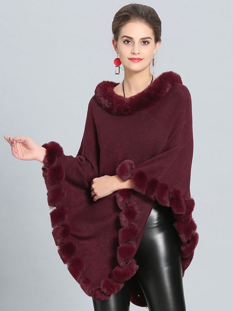 Burgunderfarbener Poncho Mit Pelzsaum Cape Frühlings-oberbekleidung Für Damen