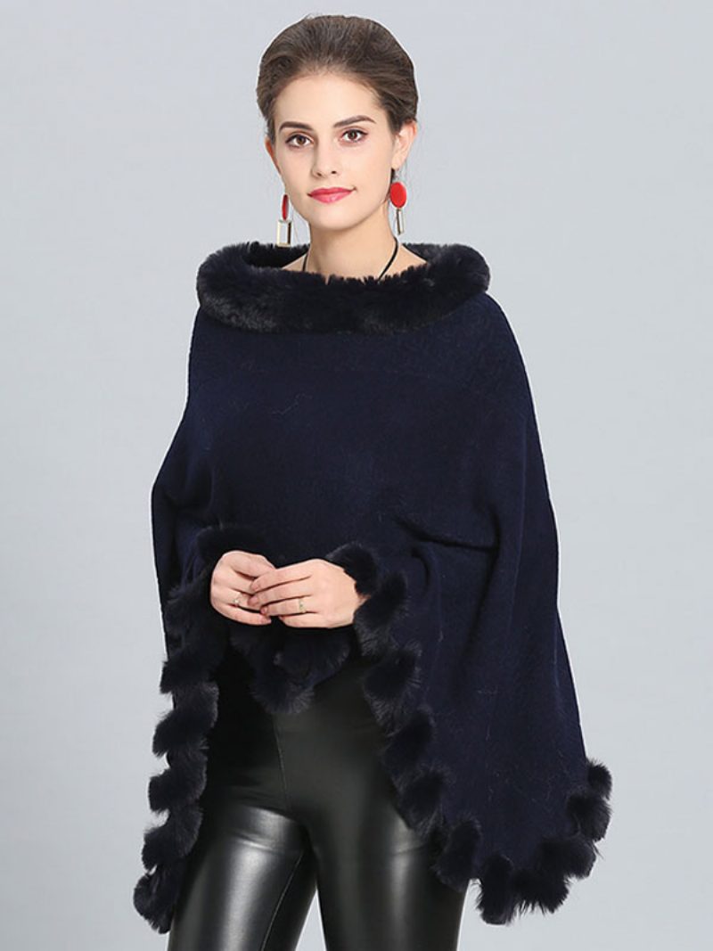 Burgunderfarbener Poncho Mit Pelzsaum Cape Frühlings-oberbekleidung Für Damen - Dunkles Marineblau