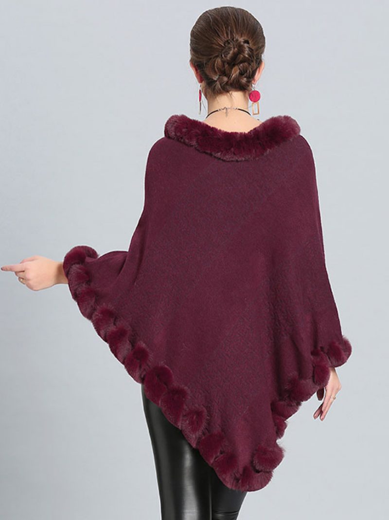 Burgunderfarbener Poncho Mit Pelzsaum Cape Frühlings-oberbekleidung Für Damen - Burgund