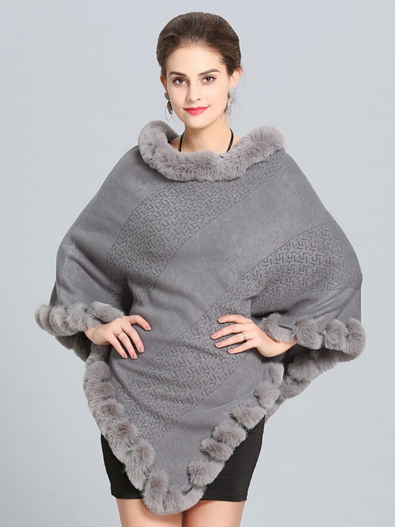 Burgunderfarbener Poncho Mit Pelzsaum Cape Frühlings-oberbekleidung Für Damen - Hellgrau