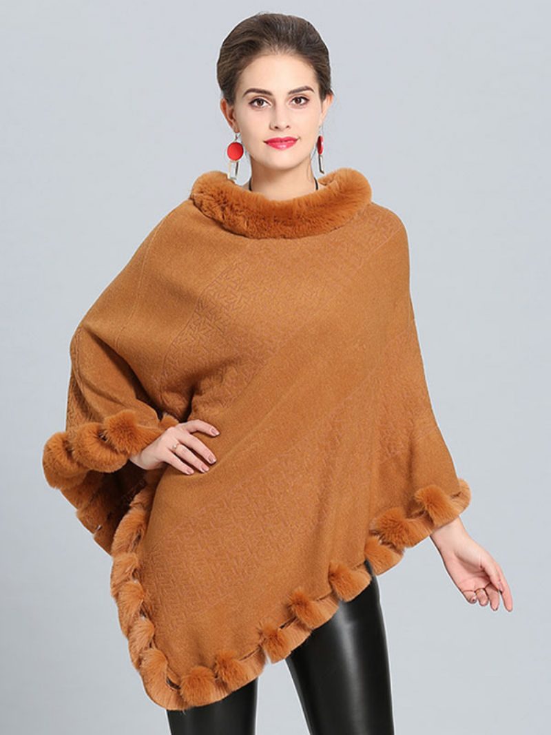 Burgunderfarbener Poncho Mit Pelzsaum Cape Frühlings-oberbekleidung Für Damen - Kamel