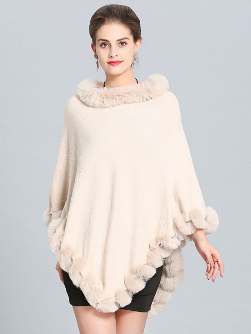 Burgunderfarbener Poncho Mit Pelzsaum Cape Frühlings-oberbekleidung Für Damen - Beige