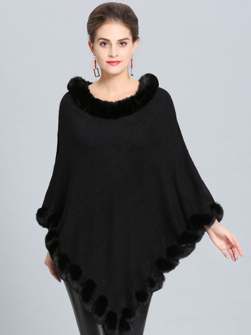 Burgunderfarbener Poncho Mit Pelzsaum Cape Frühlings-oberbekleidung Für Damen - Schwarz